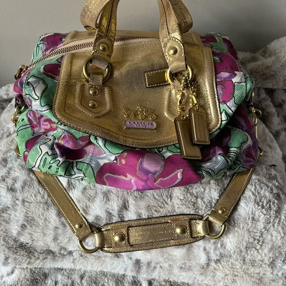 Coach Gold and Purple Floral Satchel - Picture 1 of 9